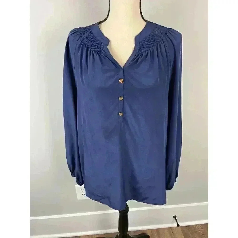 Lilly Pulitzer Women's 100% Silk Blouse Navy Blue Long Sleeve Cinched Detail M